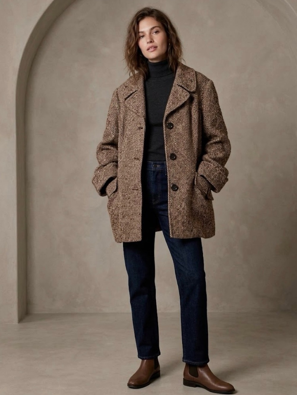 Herringbone Wool-Blend Pea Coat